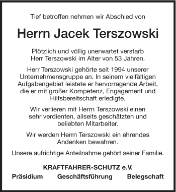 Traueranzeige von Jacek Terszowski von Süddeutsche Zeitung