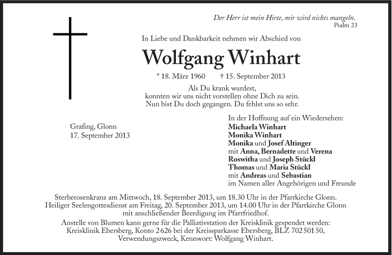  Traueranzeige für Wolfgang Winhart vom 18.09.2013 aus Süddeutsche Zeitung