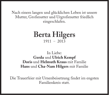 Traueranzeige von Berta Hilgers von Süddeutsche Zeitung