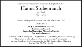 Traueranzeige von Hanna Stubenrauch von Süddeutsche Zeitung