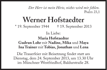 Traueranzeige von Werner Hofstaedter von Süddeutsche Zeitung