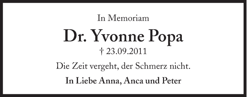  Traueranzeige für Yvonne Popa vom 23.09.2013 aus Süddeutsche Zeitung