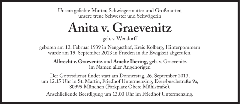  Traueranzeige für Anita von Graevenitz vom 24.09.2013 aus Süddeutsche Zeitung