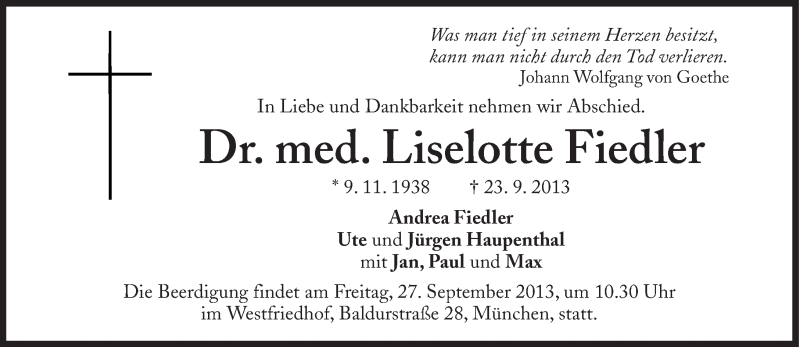  Traueranzeige für Liselotte Fiedler vom 25.09.2013 aus Süddeutsche Zeitung