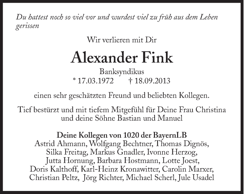  Traueranzeige für Alexander Fink vom 25.09.2013 aus Süddeutsche Zeitung