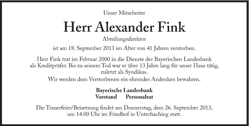  Traueranzeige für Alexander Fink vom 25.09.2013 aus Süddeutsche Zeitung