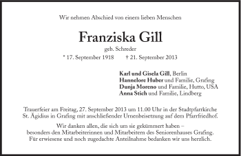 Traueranzeige von Franziska Gill von Süddeutsche Zeitung