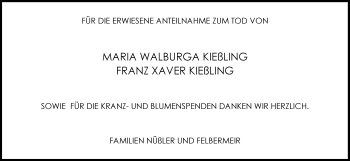 Traueranzeige von Maria Walburga und Franz Xaver Kießling von Süddeutsche Zeitung