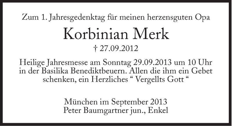  Traueranzeige für Korbinian Merk vom 28.09.2013 aus Süddeutsche Zeitung