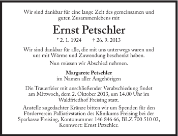Traueranzeige von Ernst Petschler von Süddeutsche Zeitung