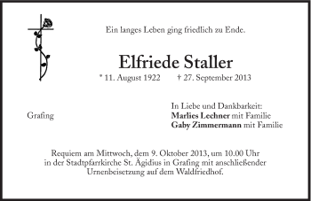 Traueranzeige von Elfriede Staller von Süddeutsche Zeitung