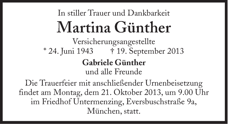  Traueranzeige für Martina Günther vom 05.10.2013 aus Süddeutsche Zeitung