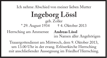 Traueranzeige von Ingeborg Lössl von Süddeutsche Zeitung