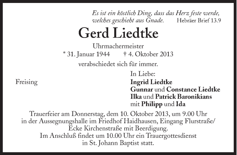  Traueranzeige für Gerd Liedtke vom 08.10.2013 aus Süddeutsche Zeitung