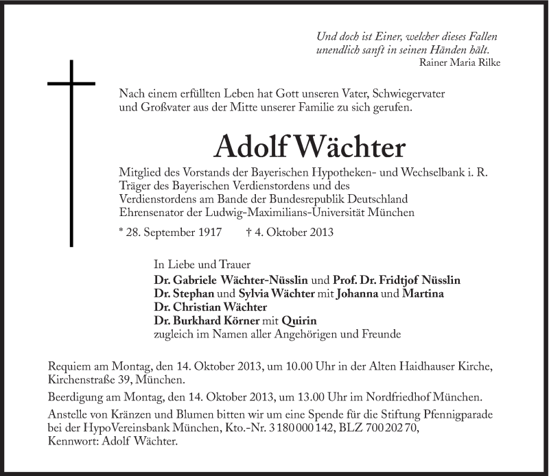  Traueranzeige für Adolf Wächter vom 09.10.2013 aus Süddeutsche Zeitung