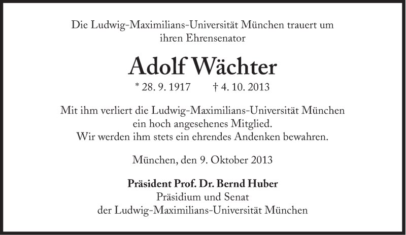  Traueranzeige für Adolf Wächter vom 09.10.2013 aus Süddeutsche Zeitung