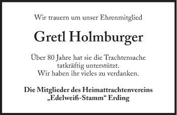 Traueranzeige von Gretl Holmburger von Süddeutsche Zeitung