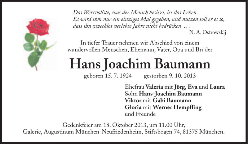  Traueranzeige für Hans Joachim Baumann vom 17.10.2013 aus Süddeutsche Zeitung