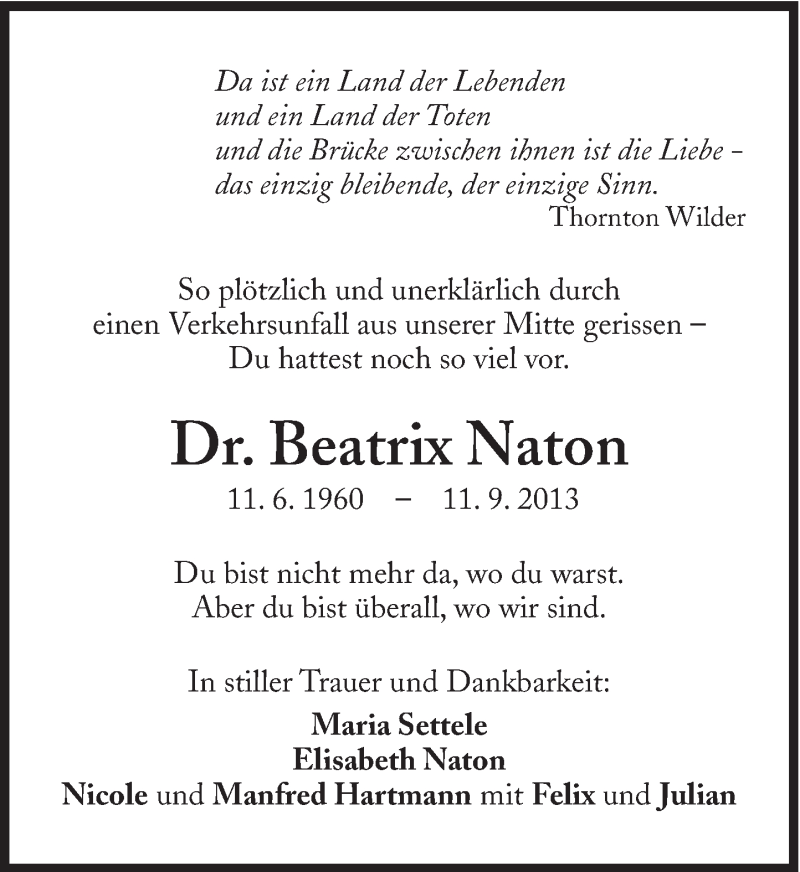  Traueranzeige für Beatrix Naton vom 19.10.2013 aus Süddeutsche Zeitung