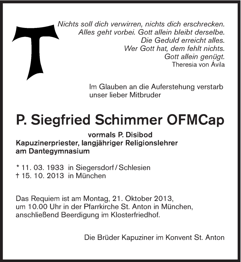  Traueranzeige für Siegfried Schimmer vom 18.10.2013 aus Süddeutsche Zeitung
