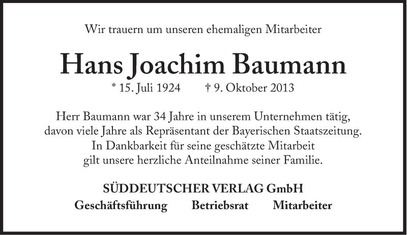  Traueranzeige für Hans Joachim Baumann vom 17.10.2013 aus Süddeutsche Zeitung
