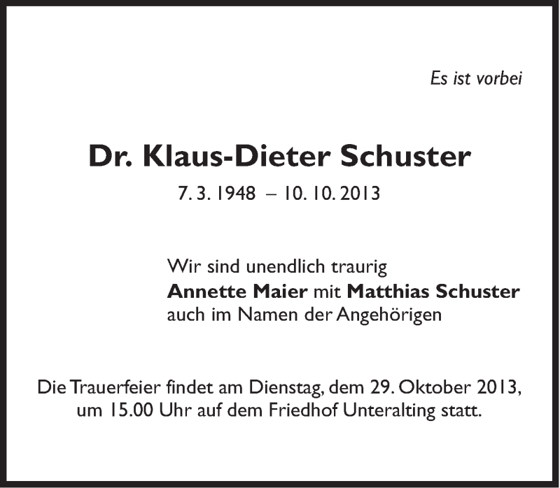  Traueranzeige für Klaus-Dieter Schuster vom 19.10.2013 aus Süddeutsche Zeitung