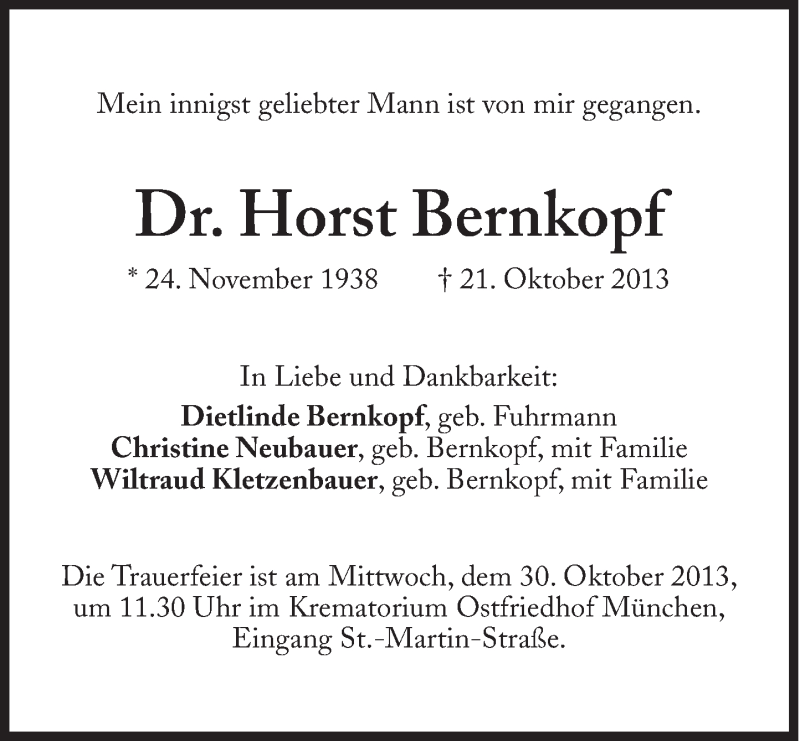  Traueranzeige für Horst Bernkopf vom 25.10.2013 aus Süddeutsche Zeitung