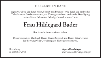 Traueranzeige von Hildegard Bader von Süddeutsche Zeitung