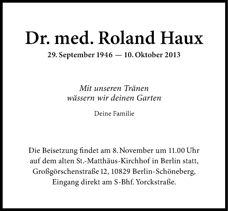  Traueranzeige für Roland Haux vom 25.10.2013 aus Süddeutsche Zeitung