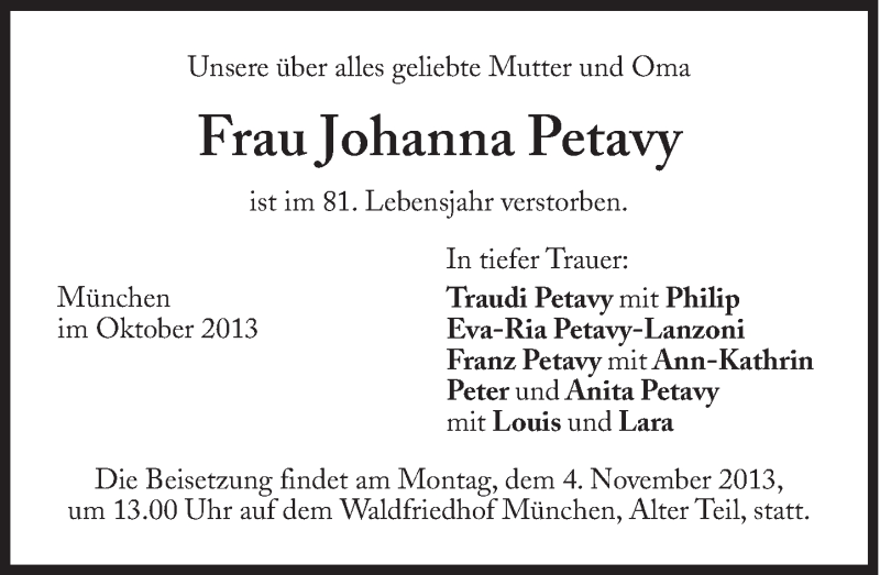  Traueranzeige für Johanna Petavy vom 31.10.2013 aus Süddeutsche Zeitung