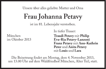 Traueranzeige von Johanna Petavy von Süddeutsche Zeitung