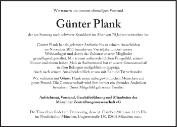 Traueranzeige von Günter Plank von Süddeutsche Zeitung