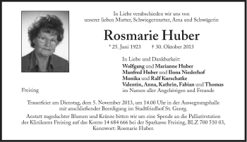 Traueranzeige von Rosmarie Huber von Süddeutsche Zeitung