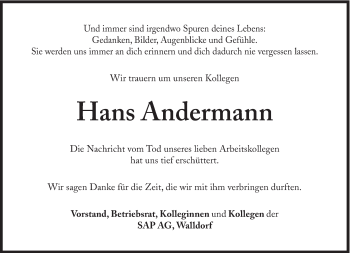 Traueranzeige von Hans Andermann von Süddeutsche Zeitung