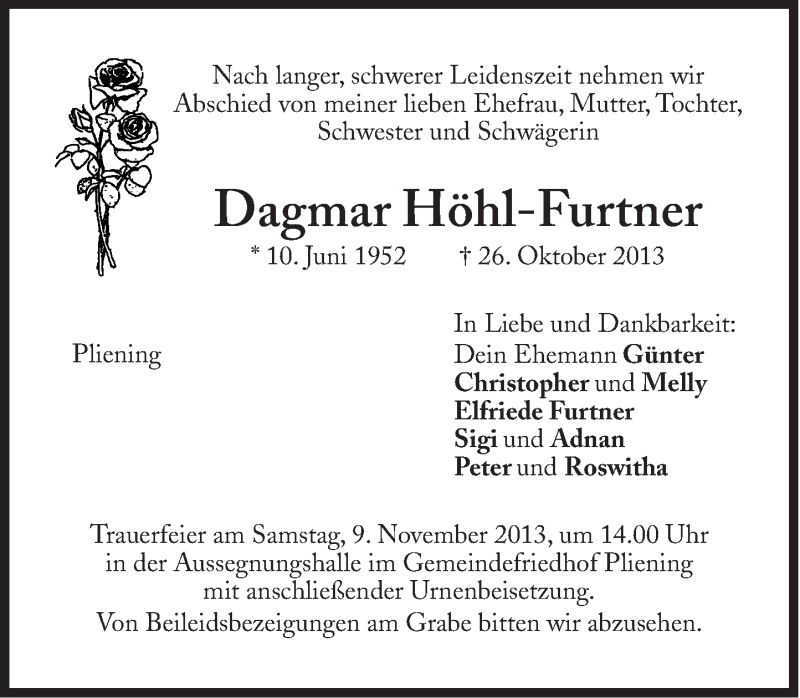  Traueranzeige für Dagmar Höhl-Furtner vom 06.11.2013 aus Süddeutsche Zeitung