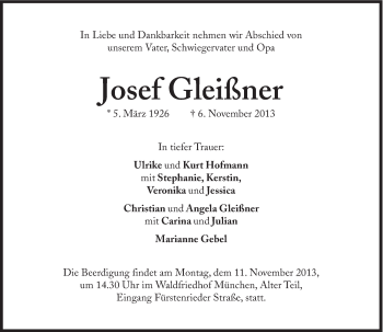 Traueranzeige von Josef Gleißner von Süddeutsche Zeitung