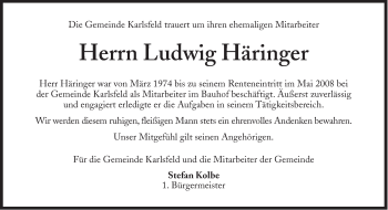 Traueranzeige von Ludwig Häringer von Süddeutsche Zeitung