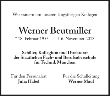 Traueranzeige von Werner Beutmiller von Süddeutsche Zeitung