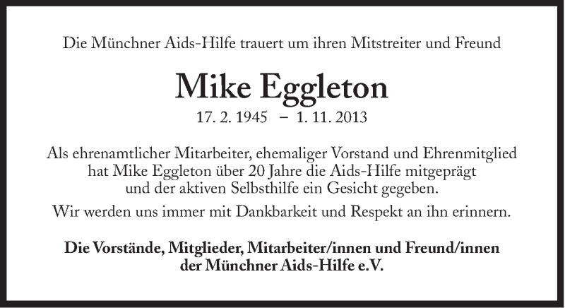  Traueranzeige für Mike Eggleton vom 09.11.2013 aus Süddeutsche Zeitung