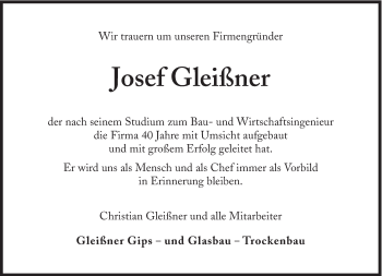 Traueranzeige von Josef Gleißner von Süddeutsche Zeitung