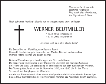 Traueranzeige von Werner Beutmiller von Süddeutsche Zeitung