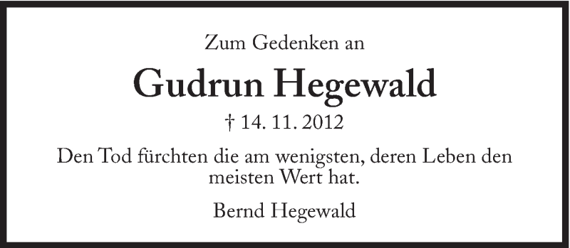  Traueranzeige für Gudrun Hegewald vom 14.11.2013 aus Süddeutsche Zeitung