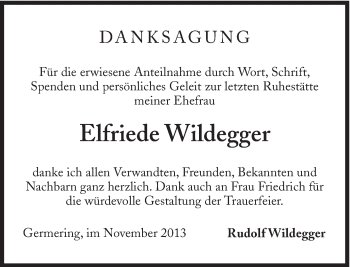 Traueranzeige von Elfriede Wildegger von Süddeutsche Zeitung