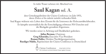 Traueranzeige von Saul Kagan von Süddeutsche Zeitung