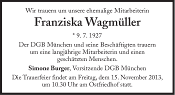 Traueranzeige von Franziska Wagmüller von Süddeutsche Zeitung