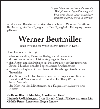 Traueranzeige von Werner Beutmiller von Süddeutsche Zeitung