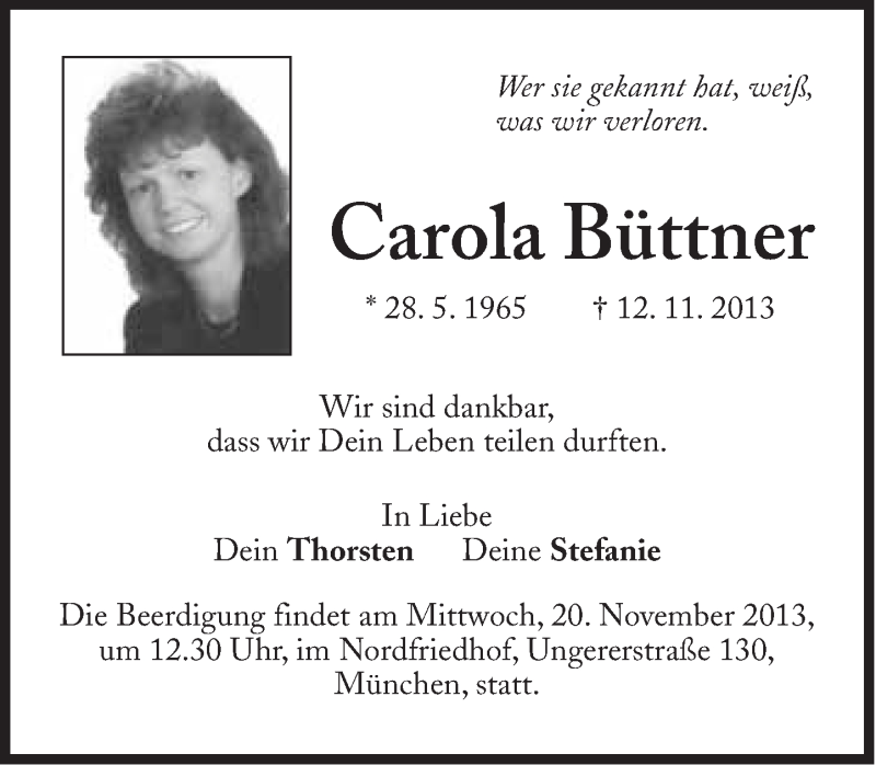  Traueranzeige für Carola Büttner vom 16.11.2013 aus Süddeutsche Zeitung