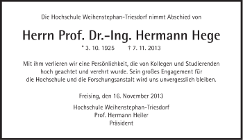 Traueranzeige von Hermann Hege von Süddeutsche Zeitung