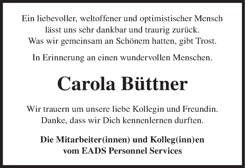  Traueranzeige für Carola Büttner vom 18.11.2013 aus Süddeutsche Zeitung