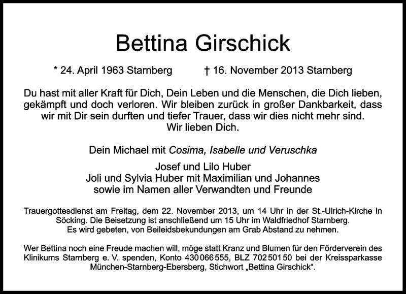  Traueranzeige für Bettina Girschick vom 19.11.2013 aus Süddeutsche Zeitung